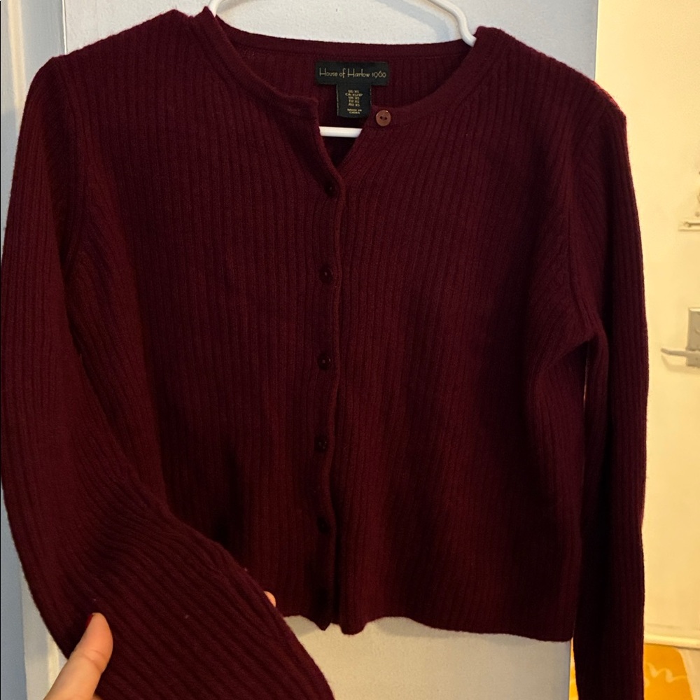 House of Harlow 1960 Women's Burgundy Ribbed Button Cardigan Sweater